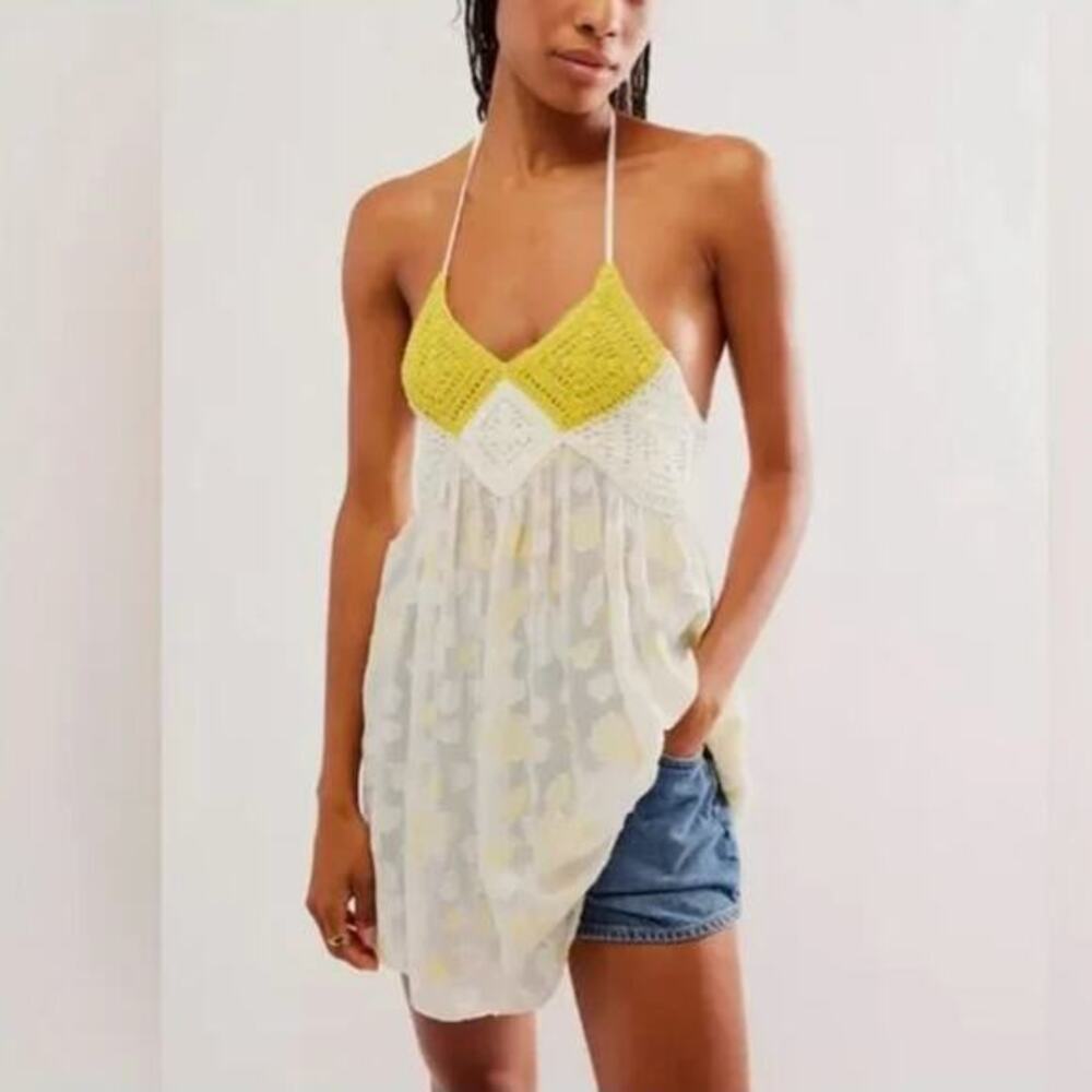 New! Free People Women's Crochet Halter Yellow‎ Bell Tunic Ivory Combo, size L